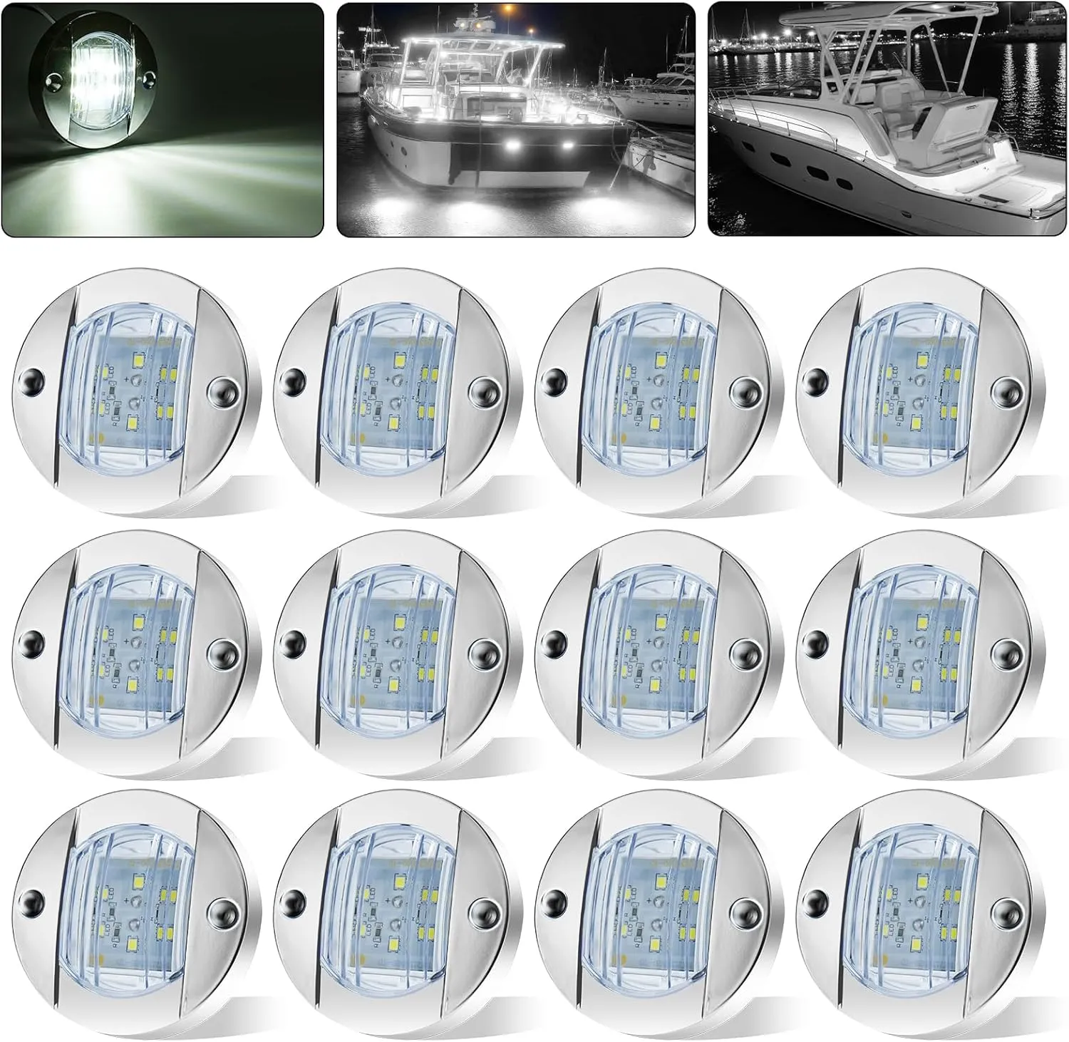 12Pack DC12V 3" Round Marine Boat LED Navigation Lights Stern Anchor Transom Deck Courtesy Light Interior Lamp Waterproof for Pontoon Kayak Sailboat Fishing Boat - White