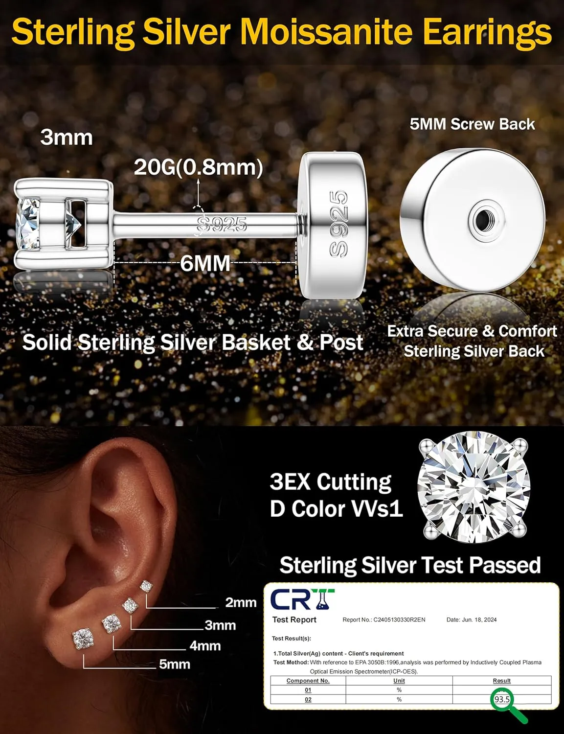 14K Gold Plated Moissanite Stud Earrings with Flat Back,925 Sterling Silver Moissanite Earring for Women Men,Small Round Cut D Color VVS1 Stud Earrings Hypoallergenic Jewelry Gift