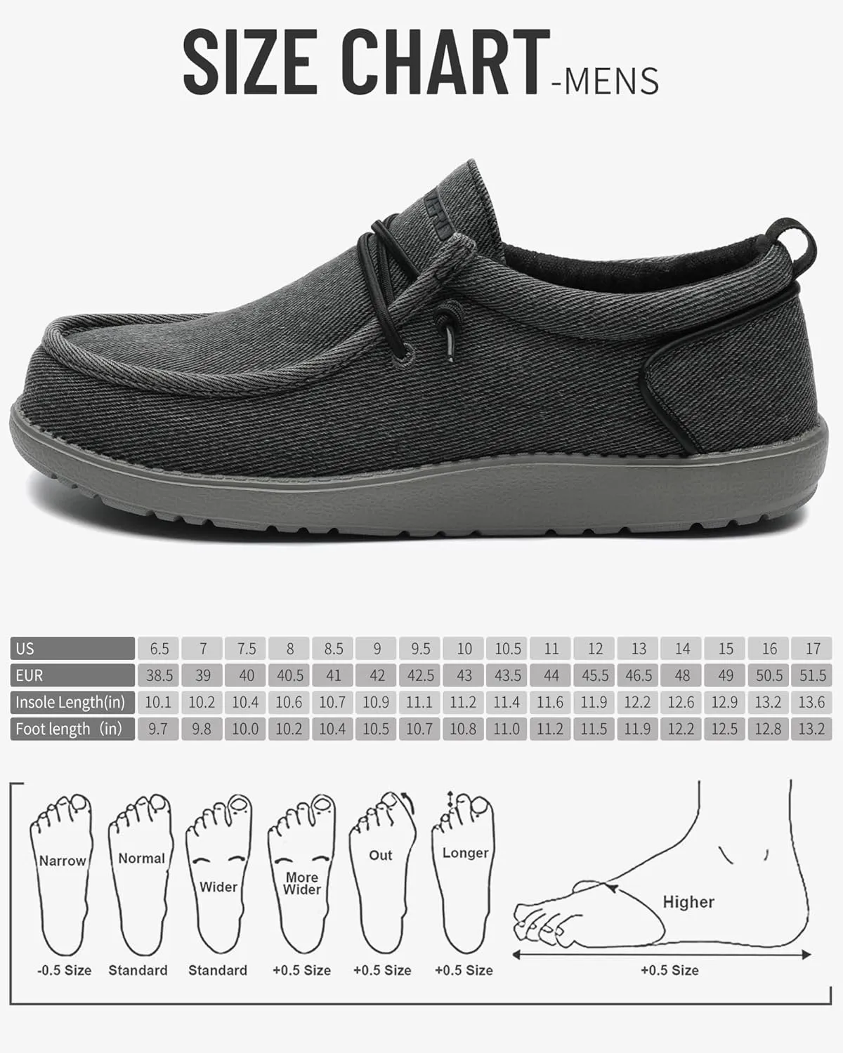 1TAZERO Men's Wide Comfortable Boat Shoes - Loafers with Arch Support, Black