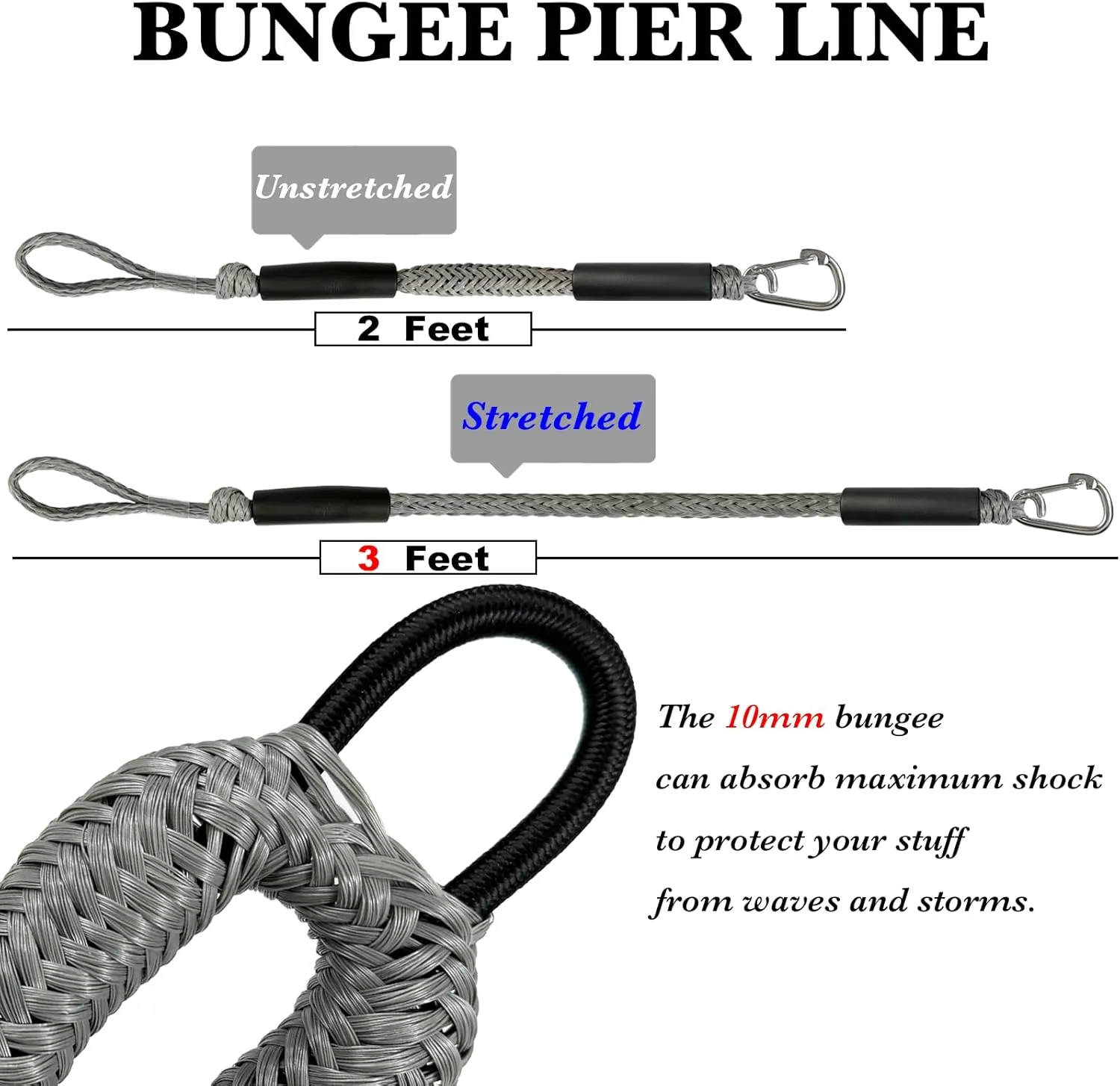 2PCS Fender Lines 2FT Premium Bungee Boat Lines with 316 Stainless Clip for Boat Bumper/Boat Fender Boat Accessories for Mooring for Jet Ski, SeaDoo, Yamaha WaveRunner Dinghy (Grey, 2 Feet)