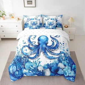 7 Piece Octopus Tentacles Comforter Set Full Size, Nautical Ocean Bed In A Bag Sea Animal Shell Bedding Sets Underwater World Bedding Comforter Sets For Kids Boys Teens Adult Room Decor, Blue White