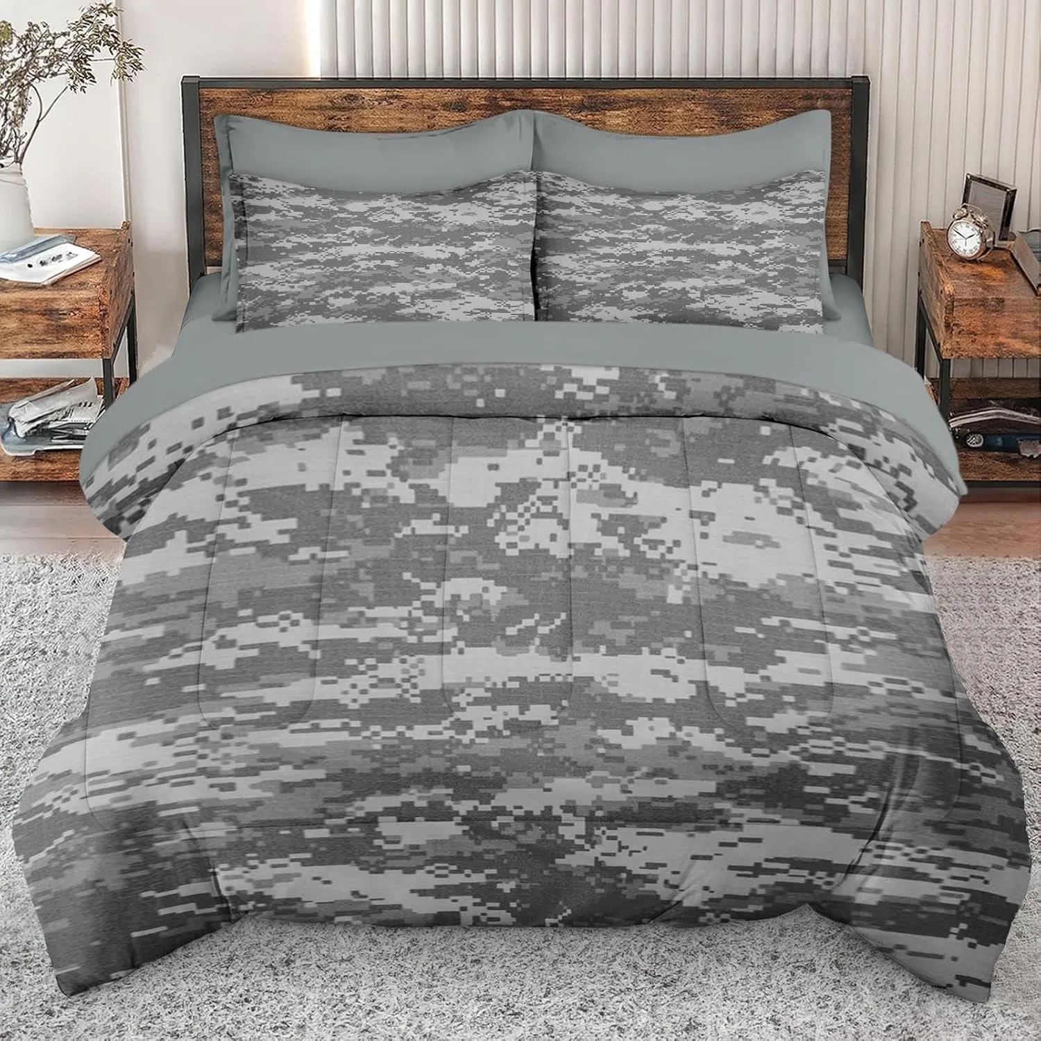 7Pcs Comforter Set Full Size, Army Camouflage Camo Military, Decor Bedroom Gray Navy Brown Us Bedding for Kids and Adults with Bed Flat Fitted Sheet Pillowcases