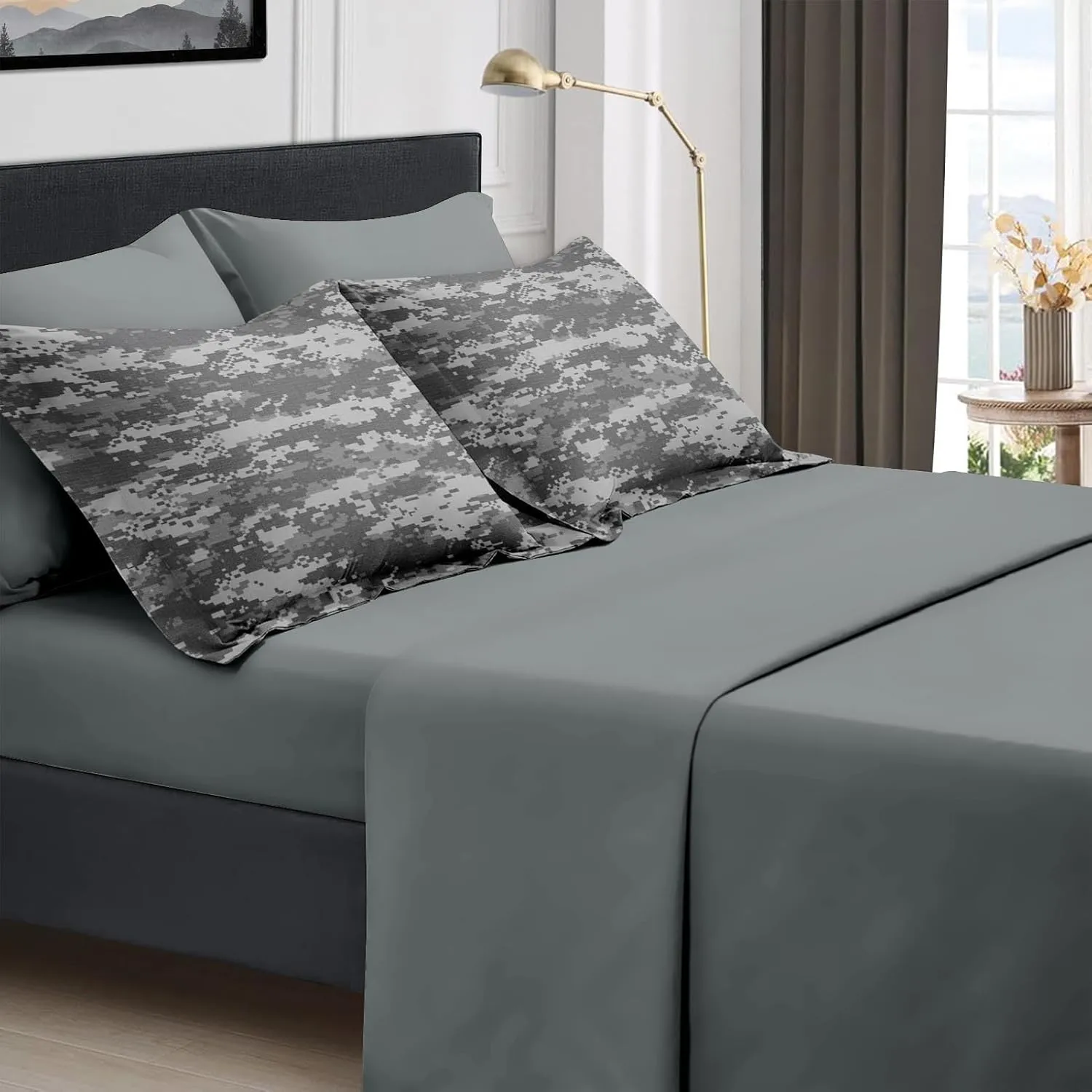 7Pcs Comforter Set Full Size, Army Camouflage Camo Military, Decor Bedroom Gray Navy Brown Us Bedding for Kids and Adults with Bed Flat Fitted Sheet Pillowcases