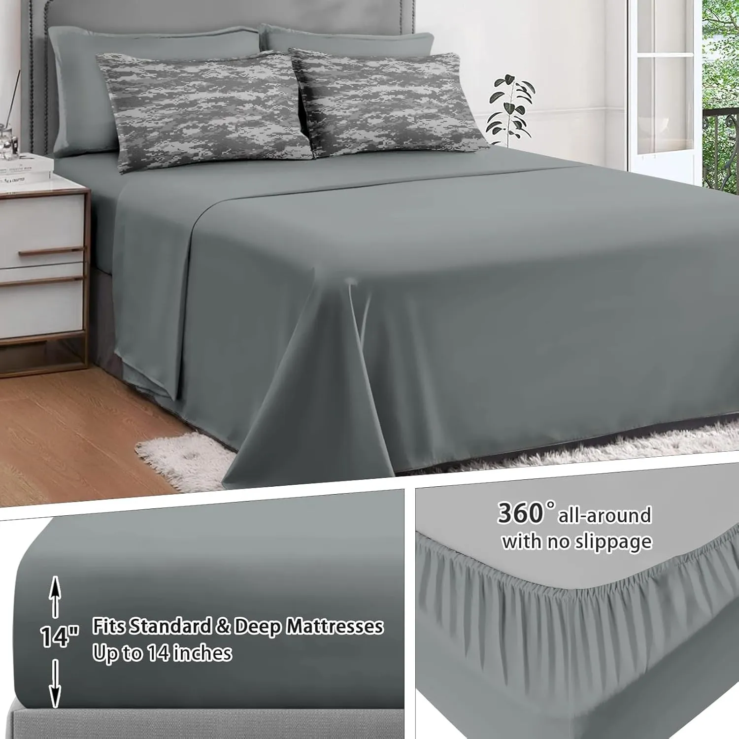 7Pcs Comforter Set Full Size, Army Camouflage Camo Military, Decor Bedroom Gray Navy Brown Us Bedding for Kids and Adults with Bed Flat Fitted Sheet Pillowcases
