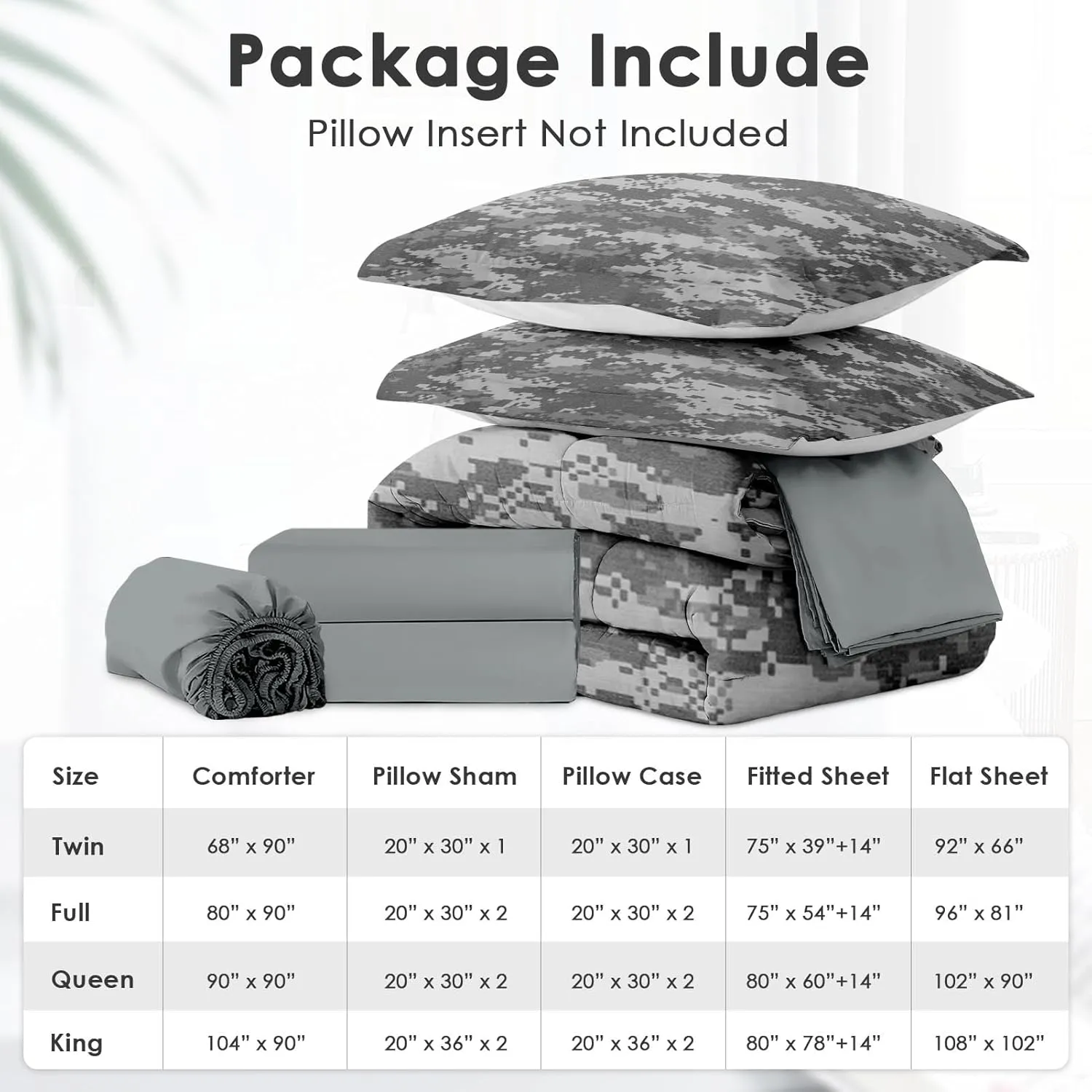 7Pcs Comforter Set Full Size, Army Camouflage Camo Military, Decor Bedroom Gray Navy Brown Us Bedding for Kids and Adults with Bed Flat Fitted Sheet Pillowcases