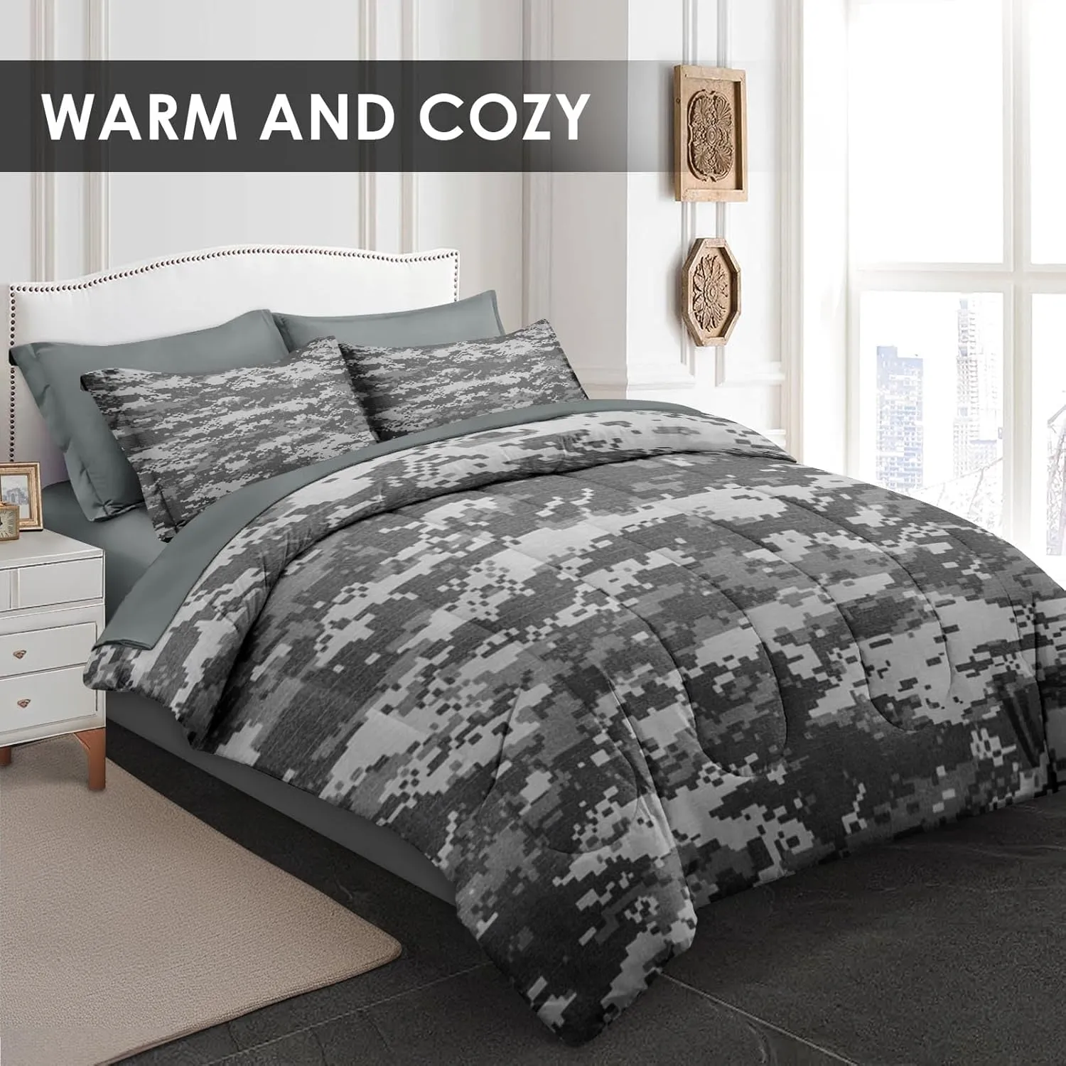 7Pcs Comforter Set Full Size, Army Camouflage Camo Military, Decor Bedroom Gray Navy Brown Us Bedding for Kids and Adults with Bed Flat Fitted Sheet Pillowcases