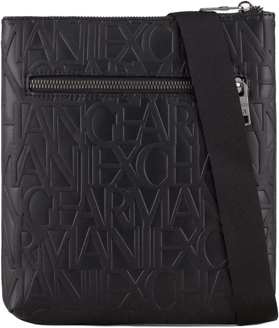 A | X ARMANI EXCHANGE Flat Crossbody with All Over Logo, Black