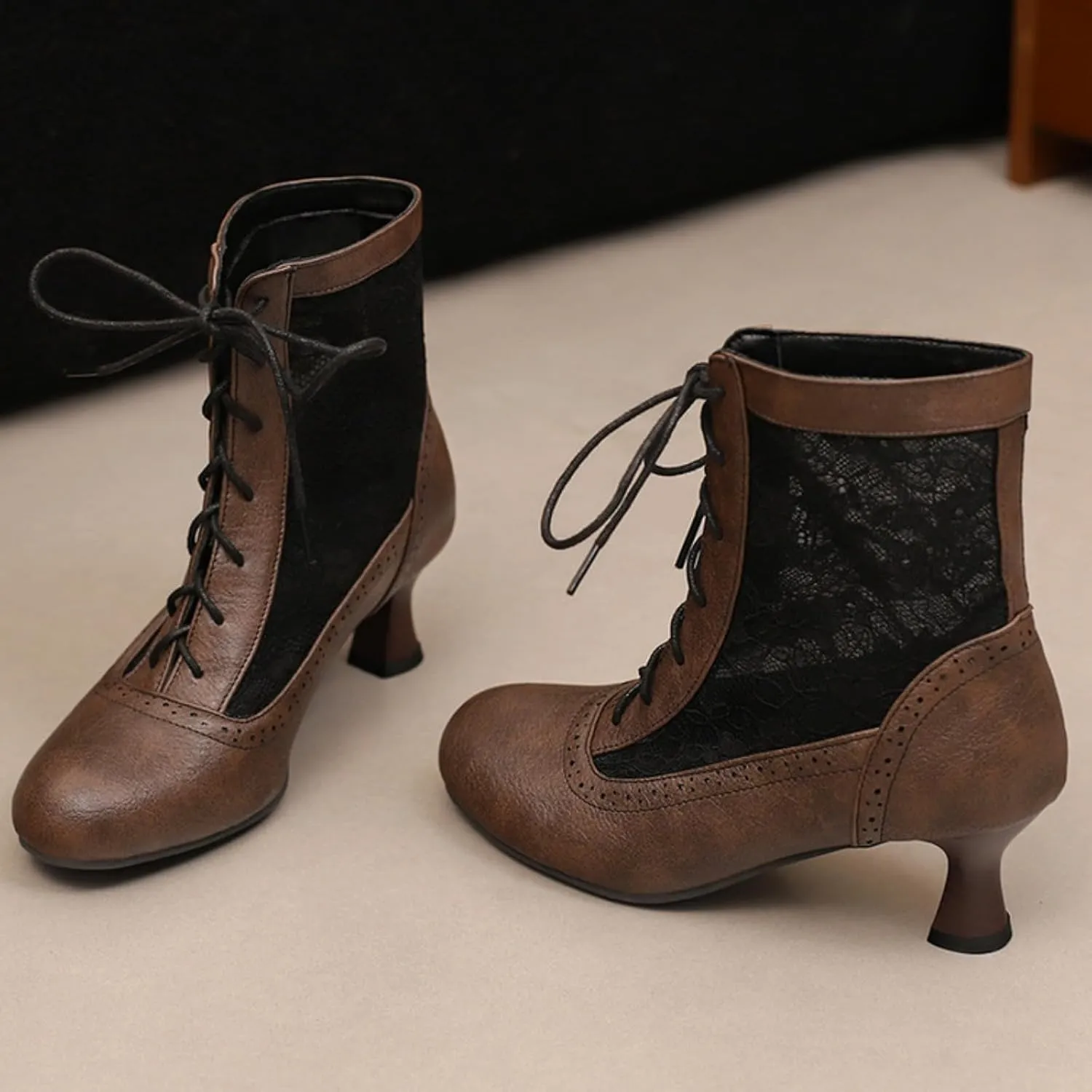 Aflngle Women's Round Toe Closed Kitten Low Chunky Heels Lace Up Sandals Short Boots Summer Mesh Breathable Ankle Booties Casual Comfortable Work Office Brogue Dress Shoes