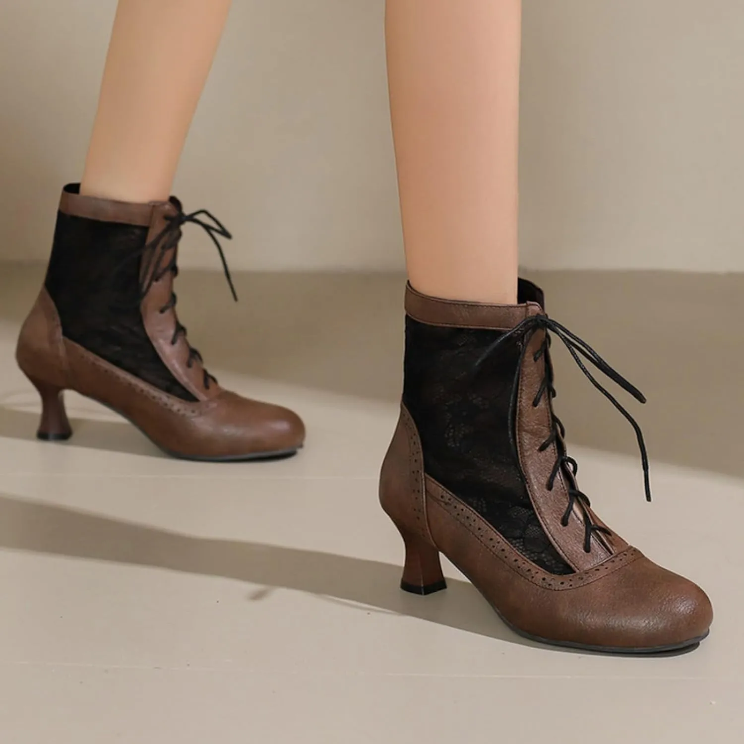Aflngle Women's Round Toe Closed Kitten Low Chunky Heels Lace Up Sandals Short Boots Summer Mesh Breathable Ankle Booties Casual Comfortable Work Office Brogue Dress Shoes