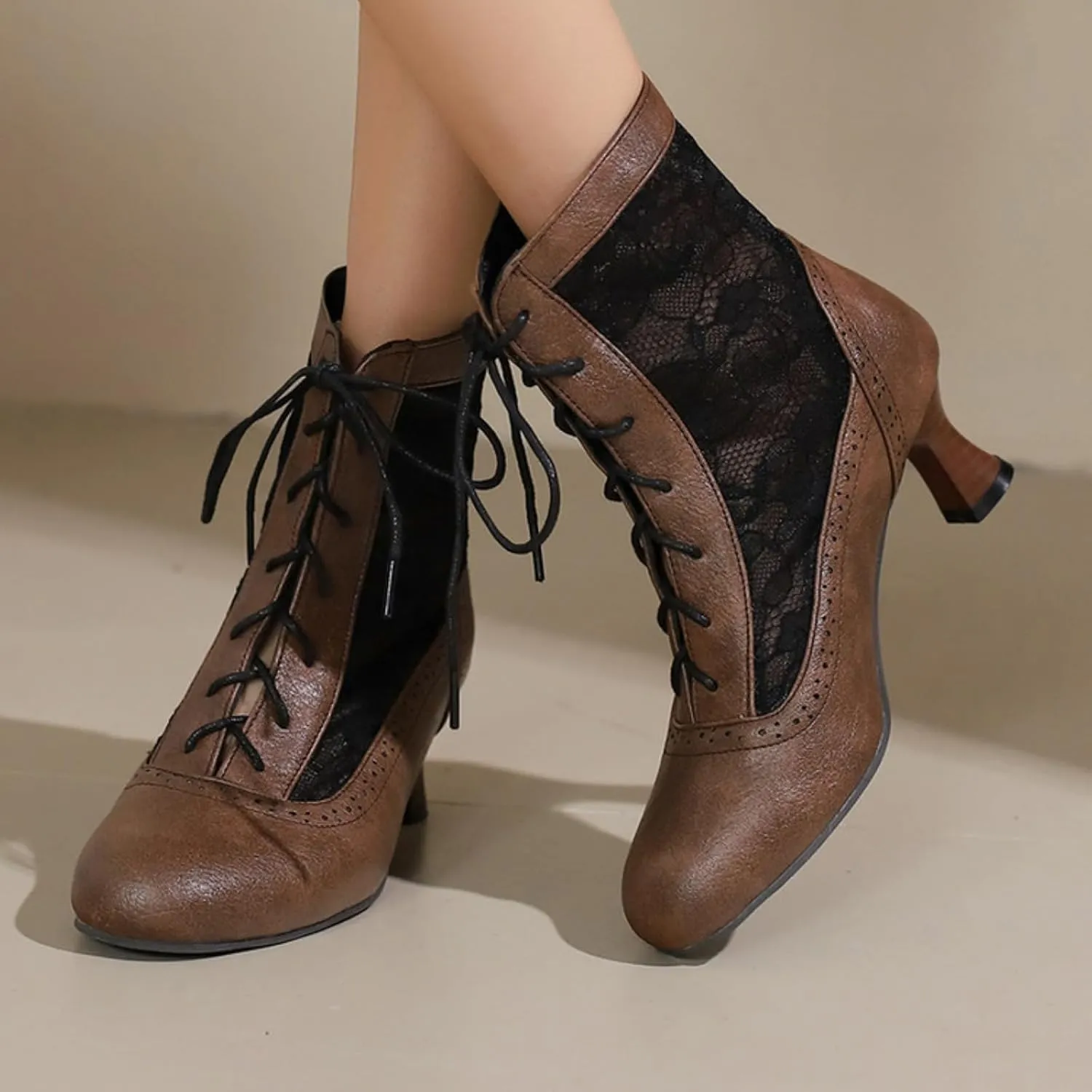 Aflngle Women's Round Toe Closed Kitten Low Chunky Heels Lace Up Sandals Short Boots Summer Mesh Breathable Ankle Booties Casual Comfortable Work Office Brogue Dress Shoes