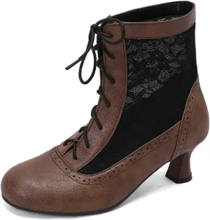 Aflngle Women's Round Toe Closed Kitten Low Chunky Heels Lace Up Sandals Short Boots Summer Mesh Breathable Ankle Booties Casual Comfortable Work Office Brogue Dress Shoes