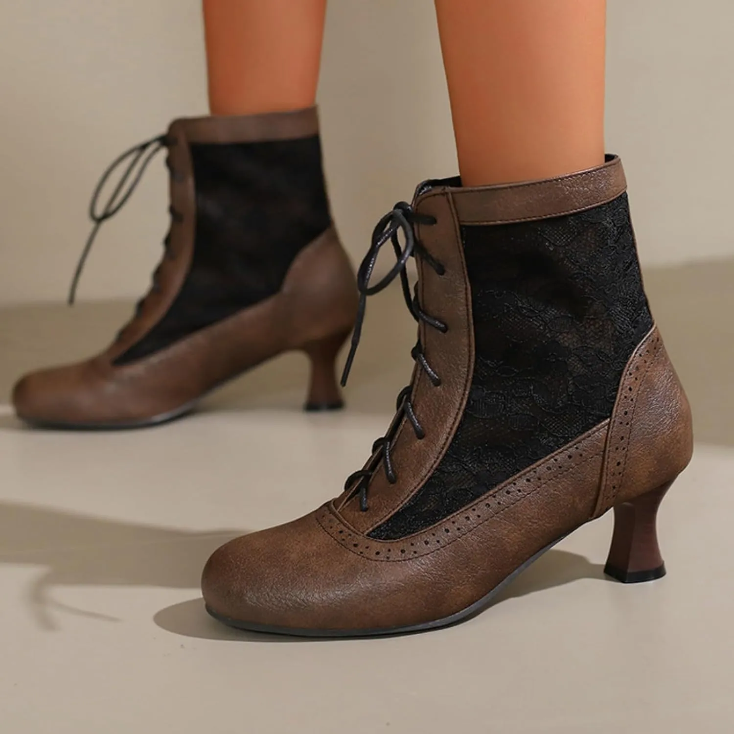 Aflngle Women's Round Toe Closed Kitten Low Chunky Heels Lace Up Sandals Short Boots Summer Mesh Breathable Ankle Booties Casual Comfortable Work Office Brogue Dress Shoes