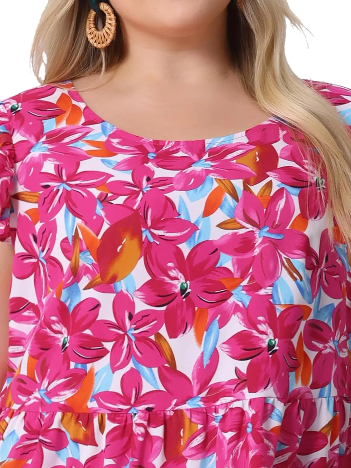 Agnes Orinda Plus Size Summer Dress for Women Boho Flutter Sleeves Round Neck Floral Print Tiered Babydoll Ruffle Dress