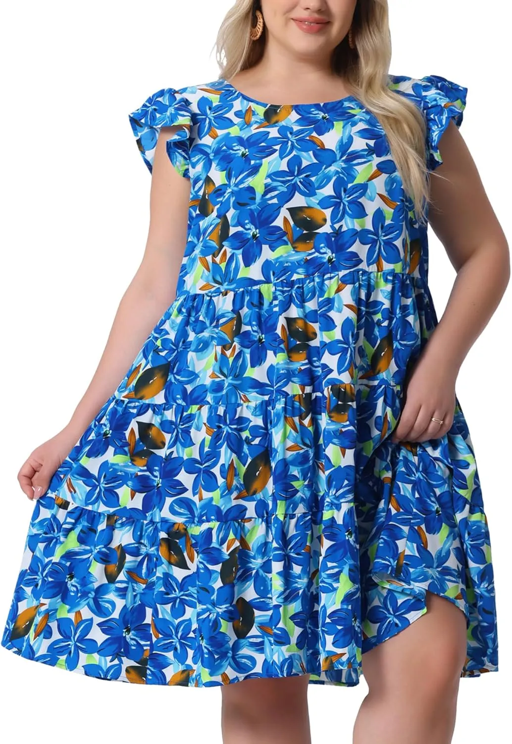 Agnes Orinda Plus Size Summer Dress for Women Boho Flutter Sleeves Round Neck Floral Print Tiered Babydoll Ruffle Dress