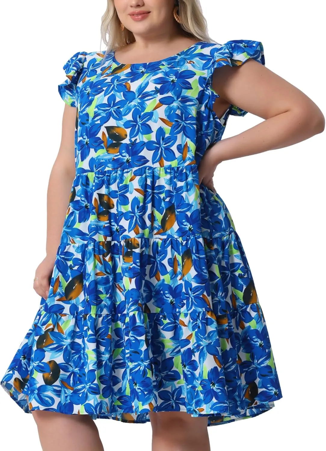 Agnes Orinda Plus Size Summer Dress for Women Boho Flutter Sleeves Round Neck Floral Print Tiered Babydoll Ruffle Dress