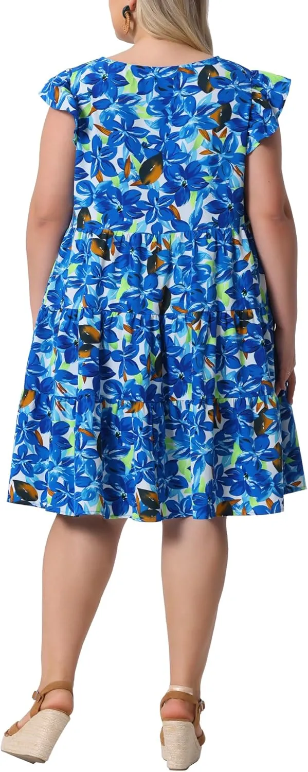 Agnes Orinda Plus Size Summer Dress for Women Boho Flutter Sleeves Round Neck Floral Print Tiered Babydoll Ruffle Dress