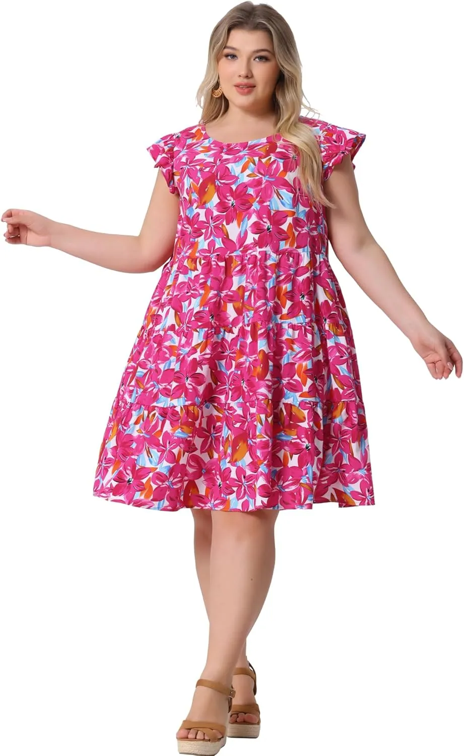 Agnes Orinda Plus Size Summer Dress for Women Boho Flutter Sleeves Round Neck Floral Print Tiered Babydoll Ruffle Dress