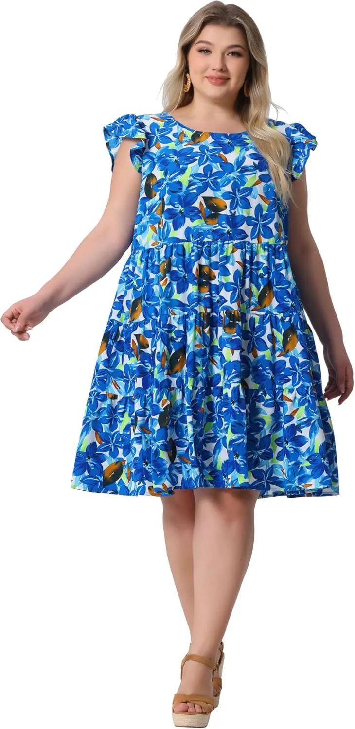Agnes Orinda Plus Size Summer Dress for Women Boho Flutter Sleeves Round Neck Floral Print Tiered Babydoll Ruffle Dress