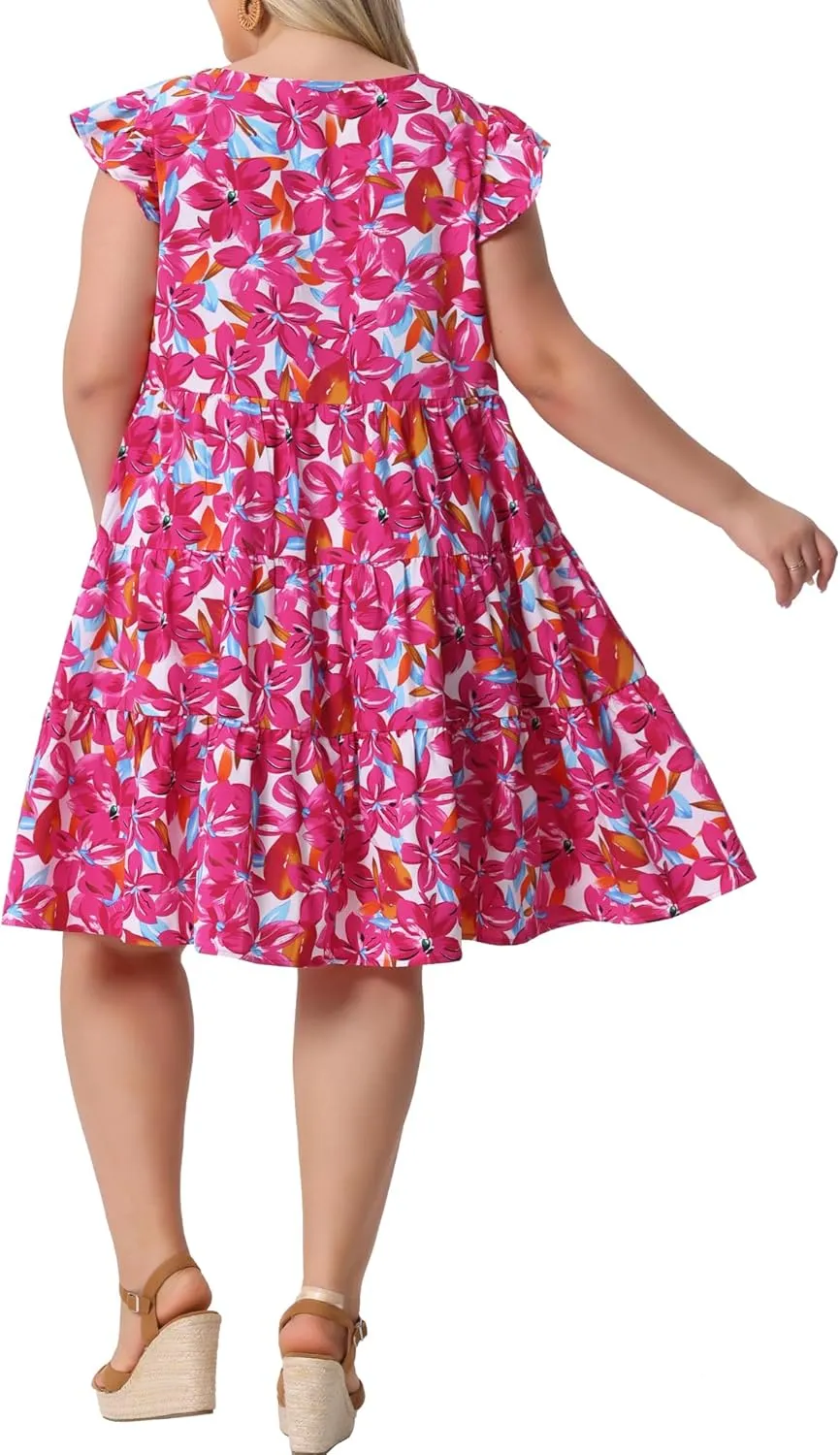Agnes Orinda Plus Size Summer Dress for Women Boho Flutter Sleeves Round Neck Floral Print Tiered Babydoll Ruffle Dress