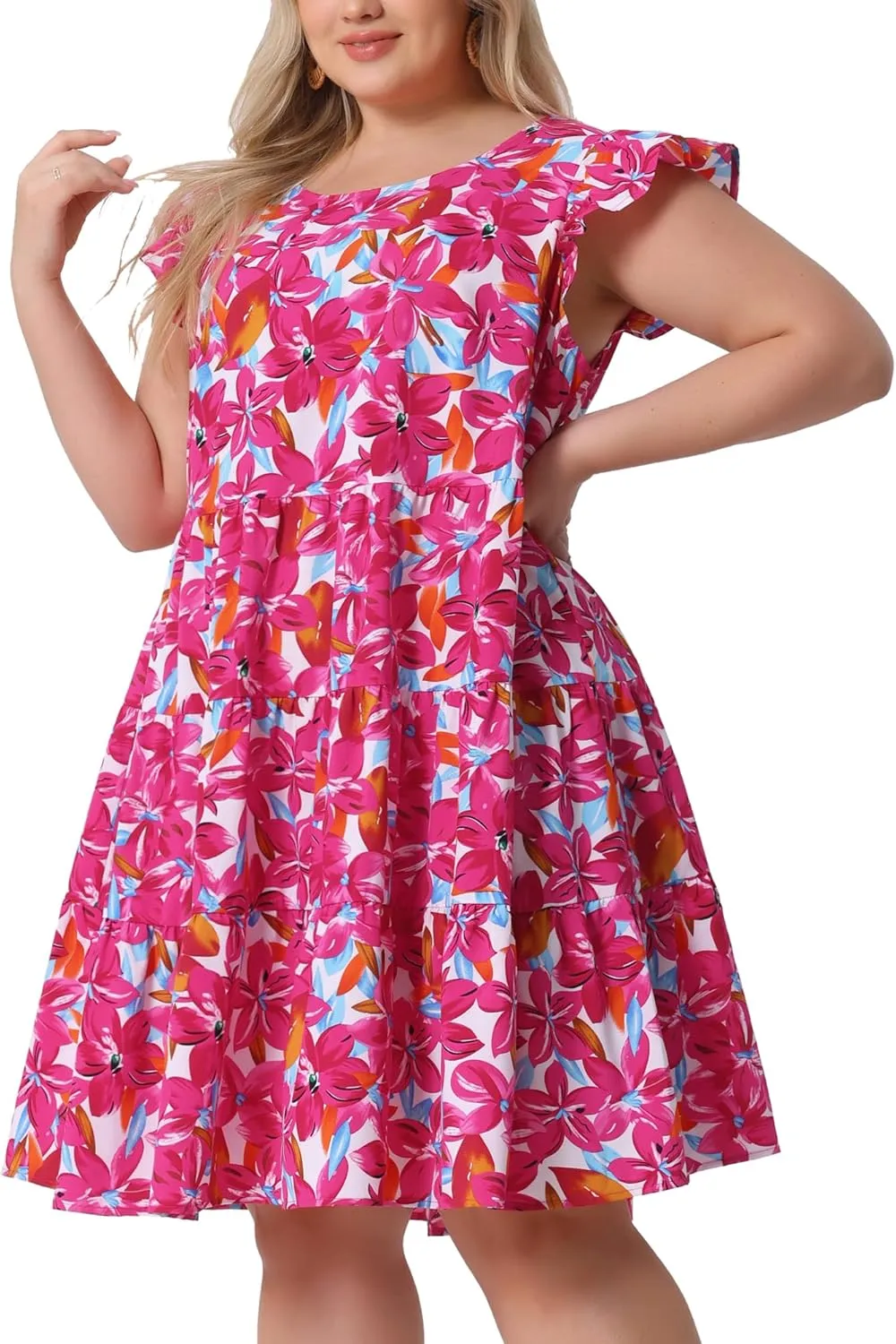 Agnes Orinda Plus Size Summer Dress for Women Boho Flutter Sleeves Round Neck Floral Print Tiered Babydoll Ruffle Dress