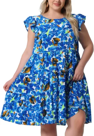 Agnes Orinda Plus Size Summer Dress for Women Boho Flutter Sleeves Round Neck Floral Print Tiered Babydoll Ruffle Dress