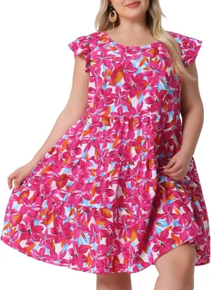 Agnes Orinda Plus Size Summer Dress for Women Boho Flutter Sleeves Round Neck Floral Print Tiered Babydoll Ruffle Dress