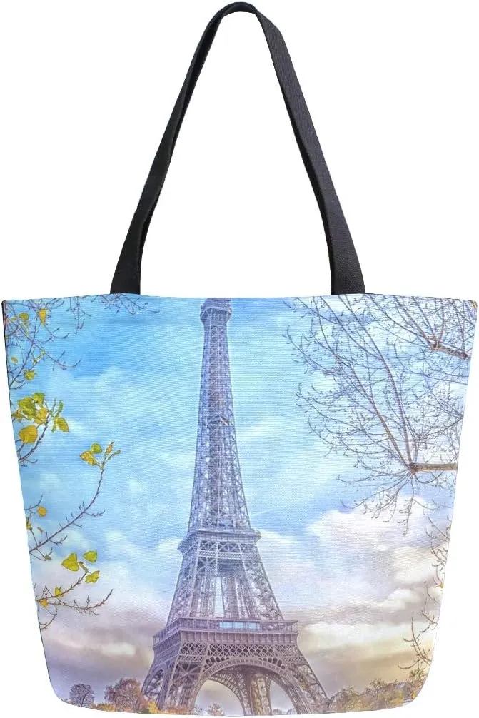 ALAZA Eiffel Tower Sunset Boat River Canvas Tote Bag, Washable Grocery Tote Bag Shopping Bag for Women Girls