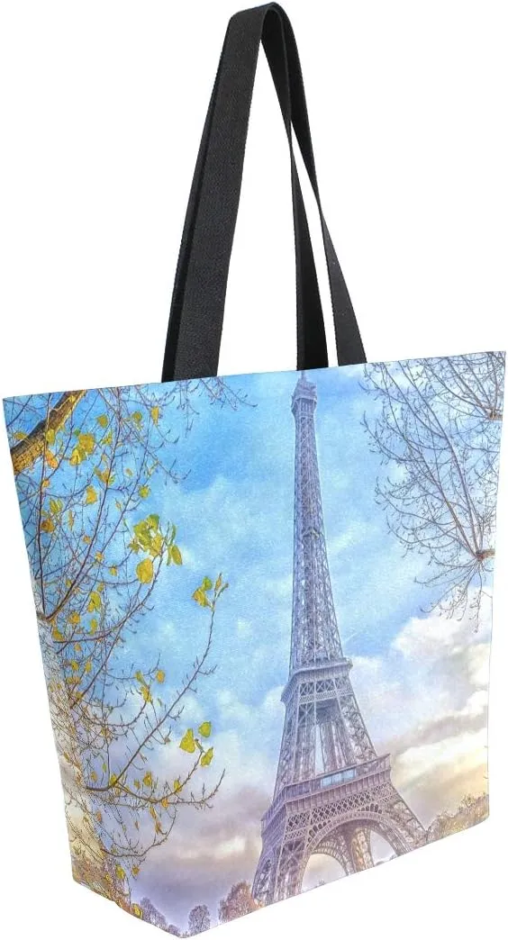 ALAZA Eiffel Tower Sunset Boat River Canvas Tote Bag, Washable Grocery Tote Bag Shopping Bag for Women Girls