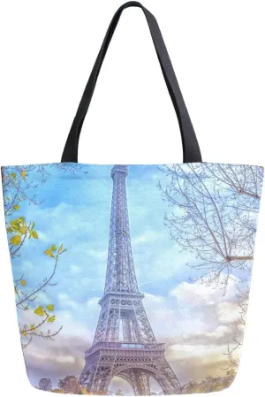 ALAZA Eiffel Tower Sunset Boat River Canvas Tote Bag, Washable Grocery Tote Bag Shopping Bag for Women Girls