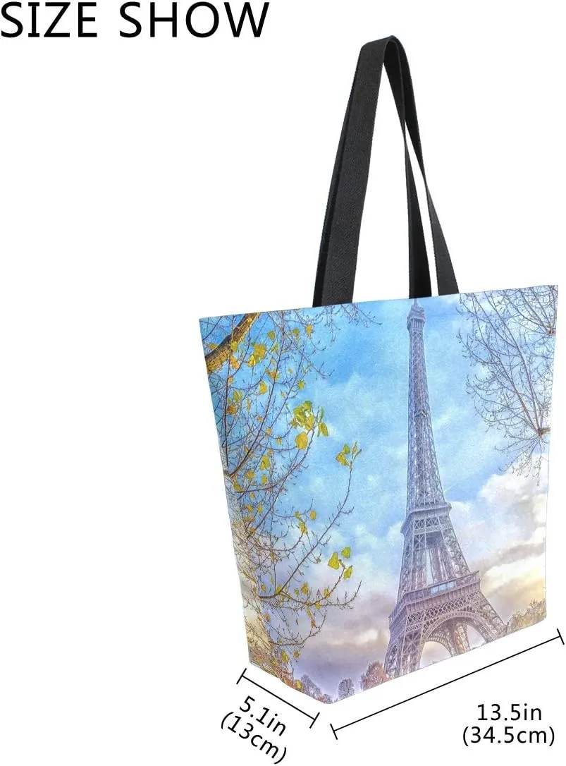 ALAZA Eiffel Tower Sunset Boat River Canvas Tote Bag, Washable Grocery Tote Bag Shopping Bag for Women Girls