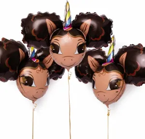 Alexis, Black Unicorn with Afro Puffs Jumbo Foil Balloon - 3 pack