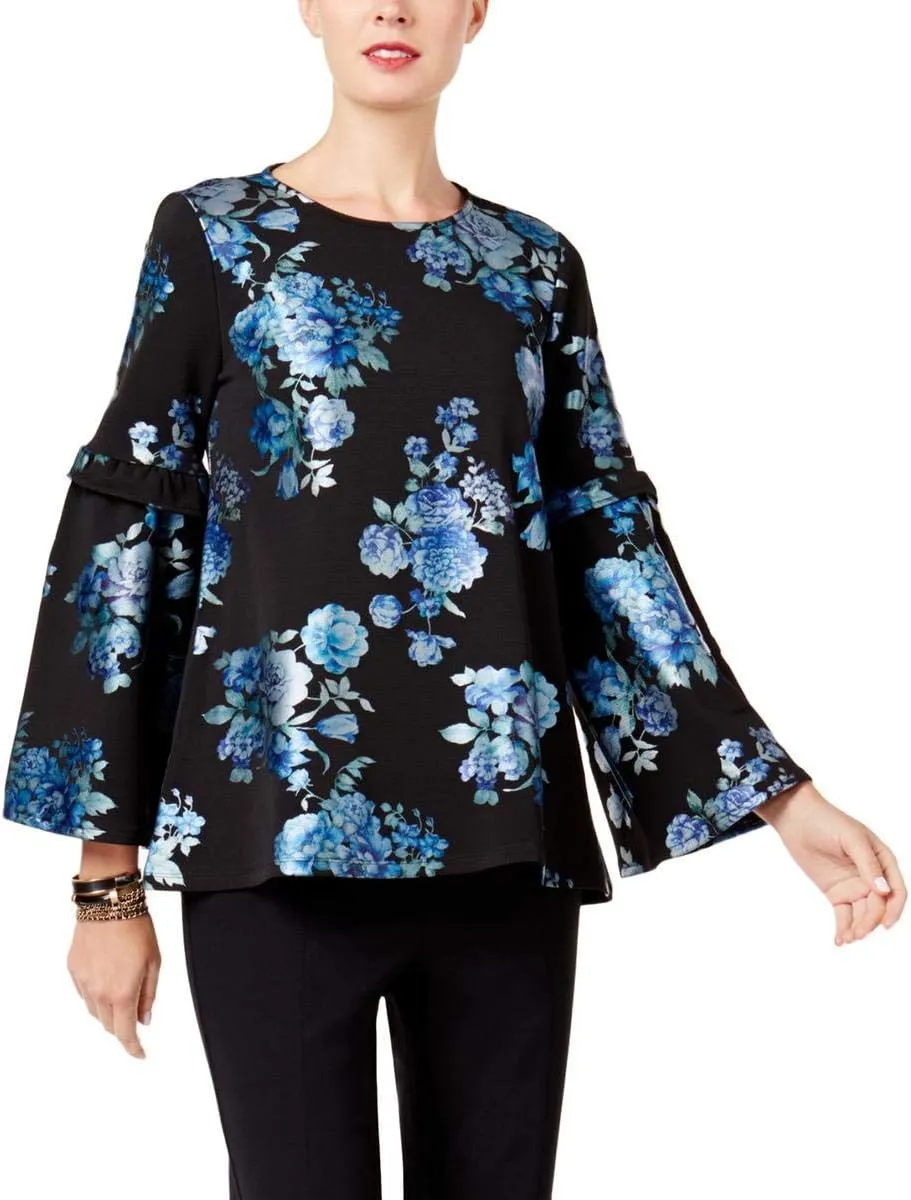 Alfani Womens Floral Knit Blouse, Black, Large