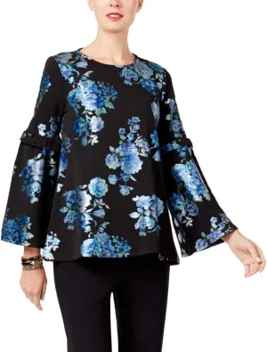Alfani Womens Floral Knit Blouse, Black, Large