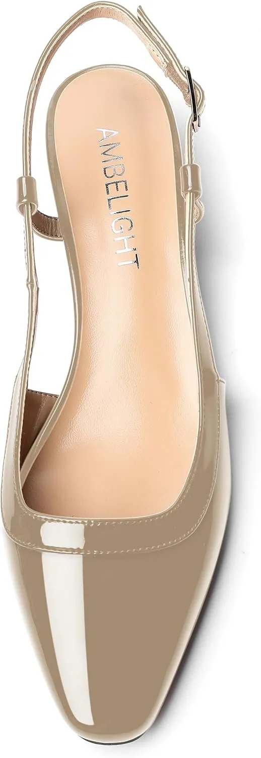 AMBELIGHT Womens Dating Patent Square Toe Buckle Adjustable Strap Sexy Block Low Heel Pumps Shoes 1.5 Inch