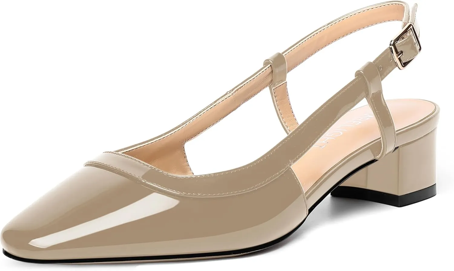AMBELIGHT Womens Dating Patent Square Toe Buckle Adjustable Strap Sexy Block Low Heel Pumps Shoes 1.5 Inch