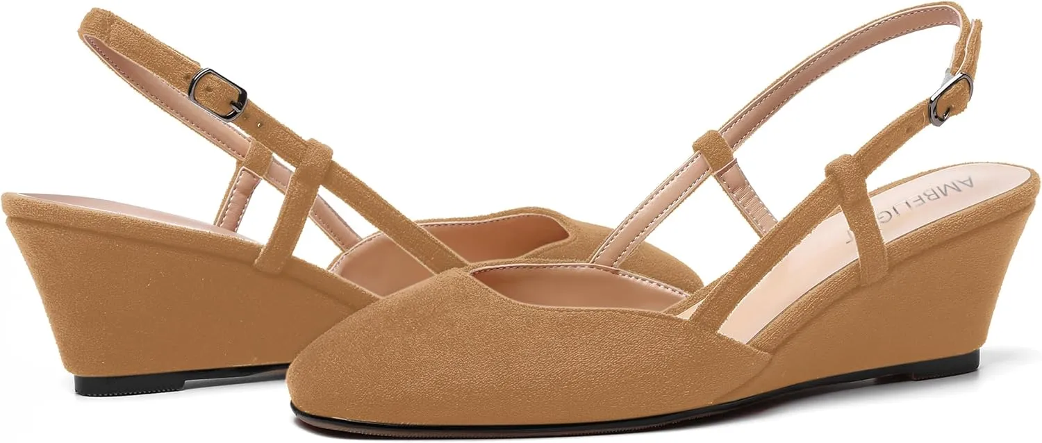 AMBELIGHT Womens Fashion Buckle Square Toe Solid Party Suede Adjustable Strap Wedge Low Heel Pumps Shoes 2 Inch