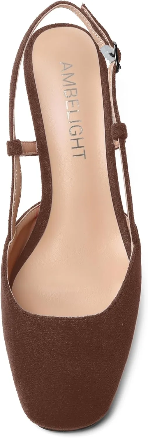AMBELIGHT Womens Fashion Buckle Square Toe Solid Party Suede Adjustable Strap Wedge Low Heel Pumps Shoes 2 Inch