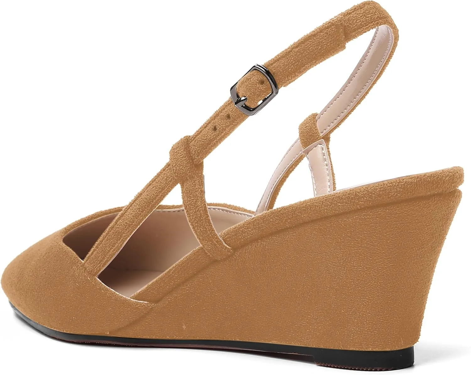 AMBELIGHT Womens Fashion Buckle Square Toe Solid Party Suede Adjustable Strap Wedge Low Heel Pumps Shoes 2 Inch