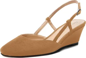 AMBELIGHT Womens Fashion Buckle Square Toe Solid Party Suede Adjustable Strap Wedge Low Heel Pumps Shoes 2 Inch