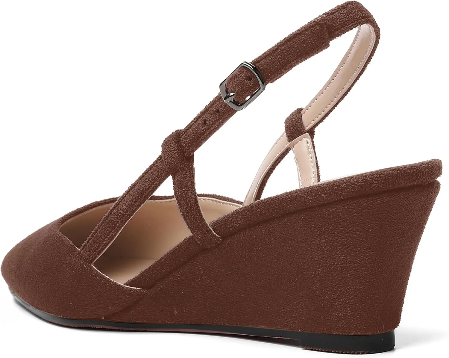 AMBELIGHT Womens Fashion Buckle Square Toe Solid Party Suede Adjustable Strap Wedge Low Heel Pumps Shoes 2 Inch