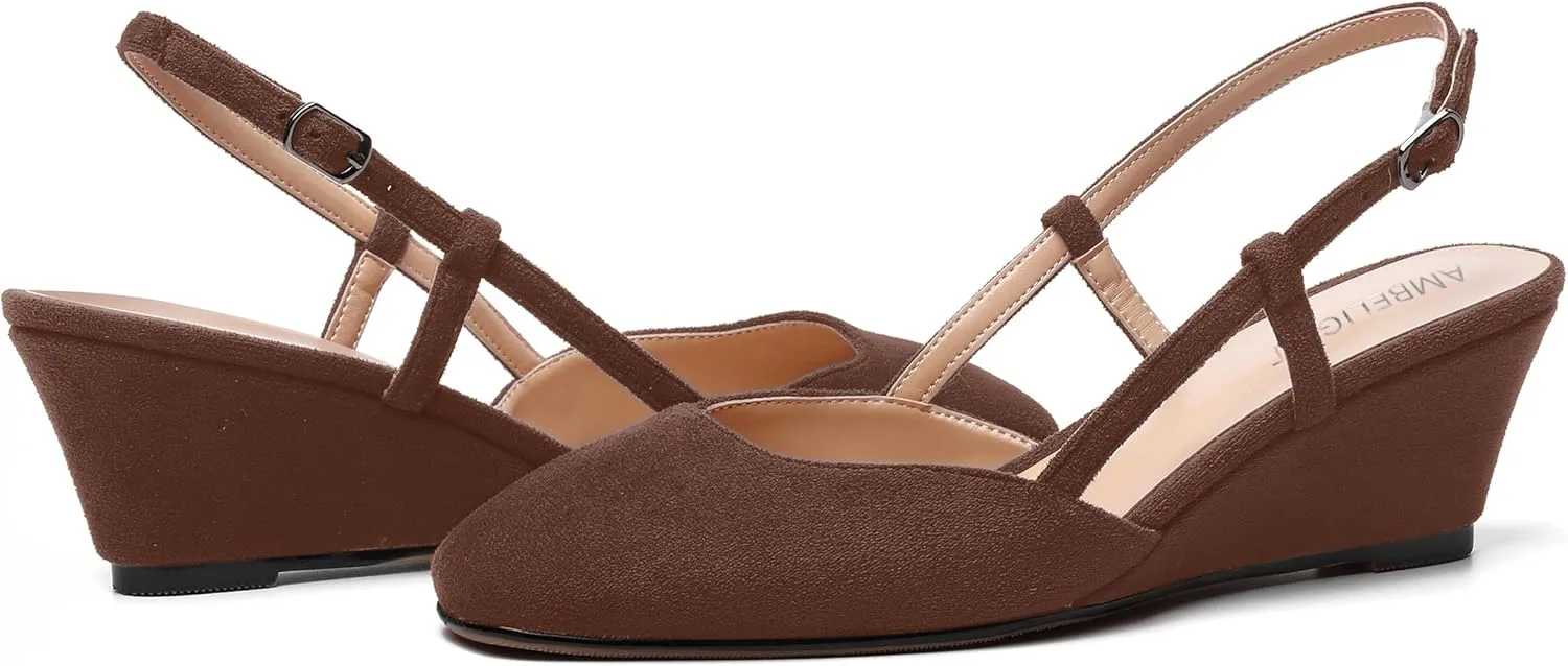AMBELIGHT Womens Fashion Buckle Square Toe Solid Party Suede Adjustable Strap Wedge Low Heel Pumps Shoes 2 Inch
