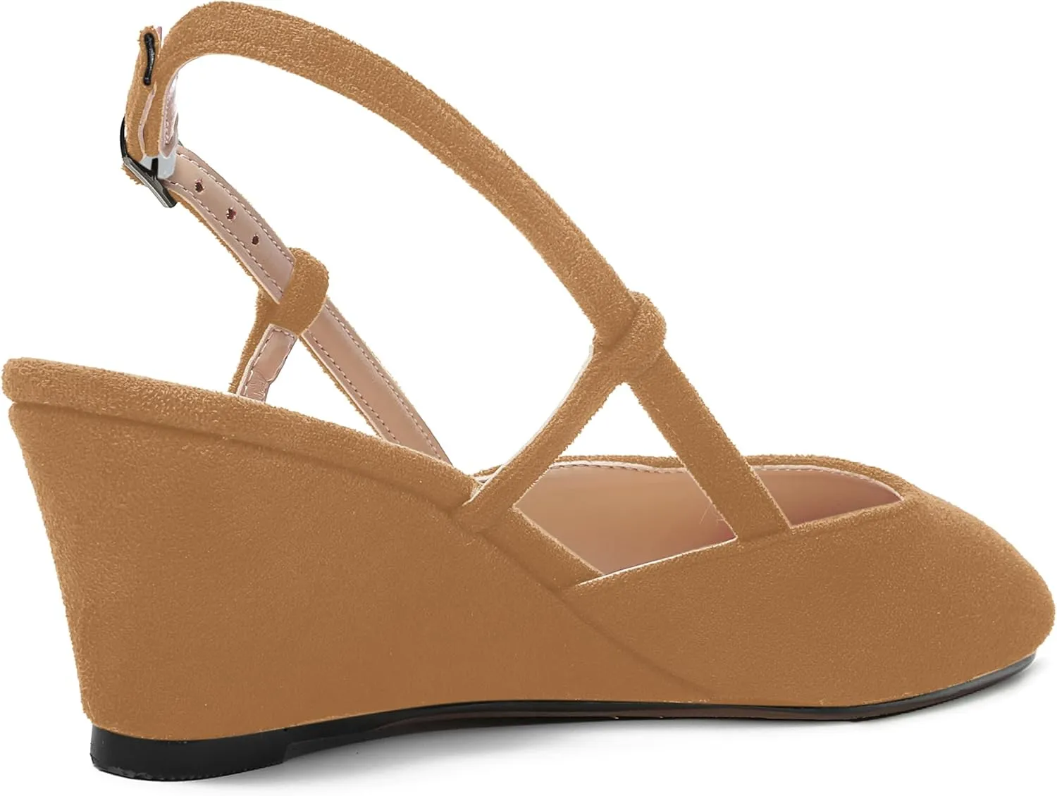 AMBELIGHT Womens Fashion Buckle Square Toe Solid Party Suede Adjustable Strap Wedge Low Heel Pumps Shoes 2 Inch