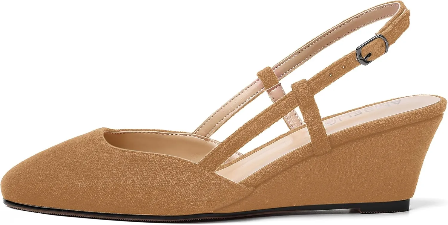 AMBELIGHT Womens Fashion Buckle Square Toe Solid Party Suede Adjustable Strap Wedge Low Heel Pumps Shoes 2 Inch