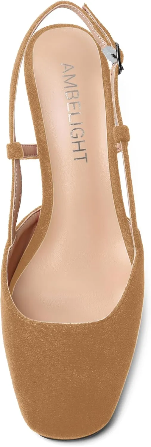 AMBELIGHT Womens Fashion Buckle Square Toe Solid Party Suede Adjustable Strap Wedge Low Heel Pumps Shoes 2 Inch