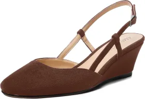 AMBELIGHT Womens Fashion Buckle Square Toe Solid Party Suede Adjustable Strap Wedge Low Heel Pumps Shoes 2 Inch