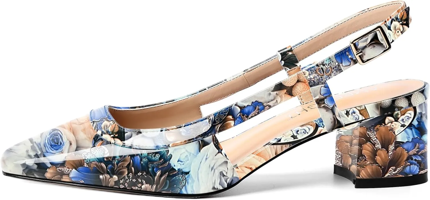 AMBELIGHT Womens Office Fashion Square Toe Patent Slingback Buckle Chunky Low Heel Pumps Shoes 2 Inch