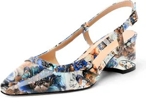 AMBELIGHT Womens Office Fashion Square Toe Patent Slingback Buckle Chunky Low Heel Pumps Shoes 2 Inch