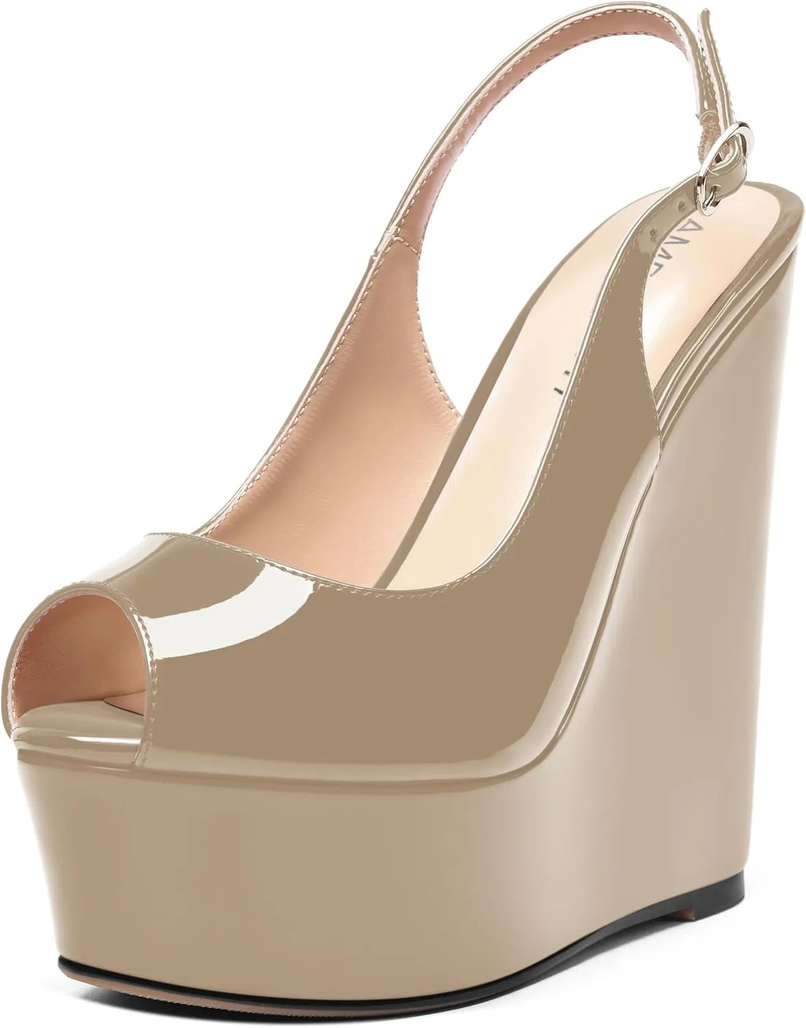 AMBELIGHT Womens Patent Buckle Cute Platform Adjustable Strap Peep Toe Party Wedge High Heel Pumps Shoes 6 Inch