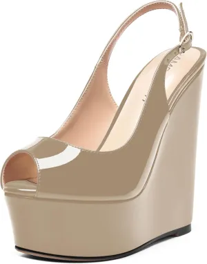 AMBELIGHT Womens Patent Buckle Cute Platform Adjustable Strap Peep Toe Party Wedge High Heel Pumps Shoes 6 Inch