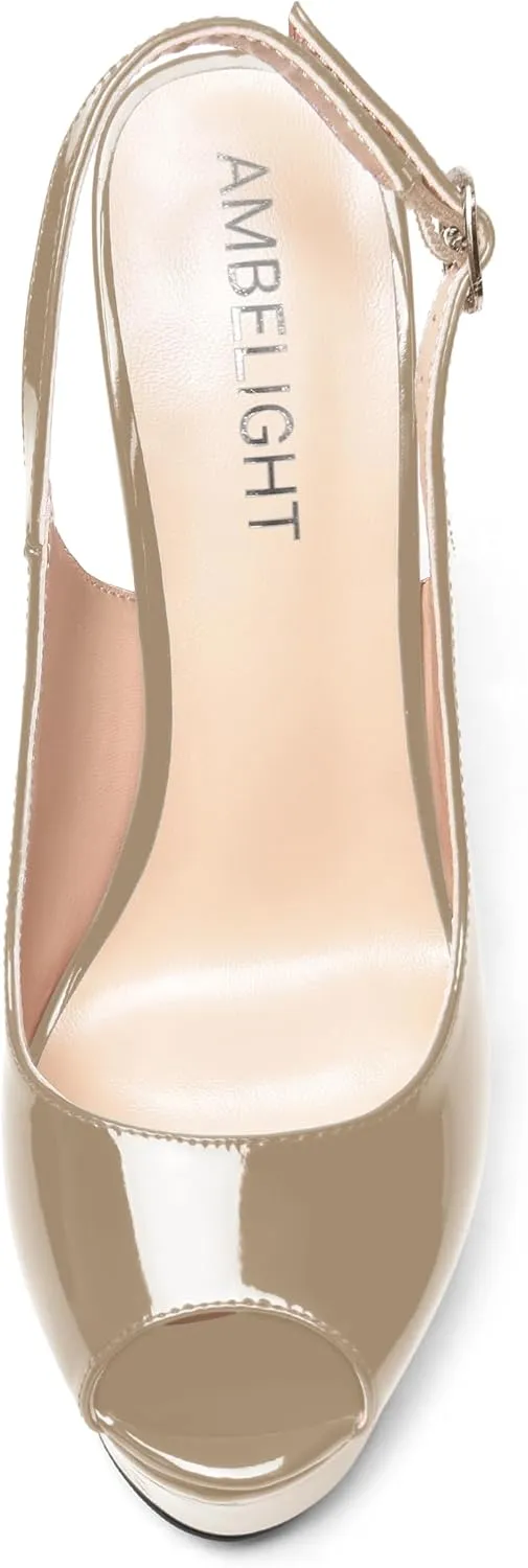 AMBELIGHT Womens Patent Buckle Cute Platform Adjustable Strap Peep Toe Party Wedge High Heel Pumps Shoes 6 Inch